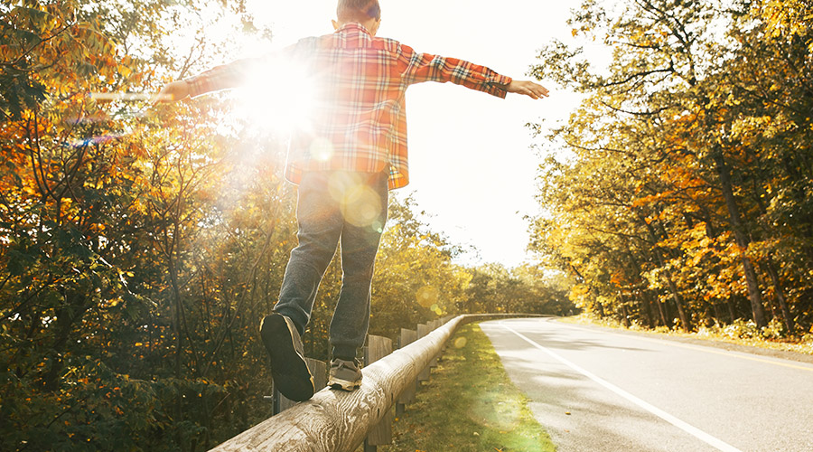 Ein Junge balanciert auf einer Holzplanke an einer Straße umgeben von herbstlichen Bäumen.